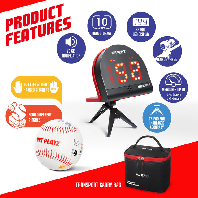 SMART PRO SPEED RADAR | WITH BASEBALL product features image, NET PLAYZ, NetPlayz, Sports Equipment Supplier, Sports Training Equipment Supplier, sports equipment manufacturers, United States Of America, USA, Canada, Europe, Africa, baseball training equipment, baseball training stuff, batting practice equipment, baseball batting practice equipment, batting practice devices, hitting practice equipment, baseball training aids, baseball practice equipment, baseball training tools, baseball coaching supplies