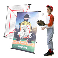 2-IN-1 JUNIOR BASEBALL TRAINING NET | SMART PLAYZ product image with boy, BASEBALL Equipment, NET PLAYZ, NetPlayz, Sports Equipment Supplier, Sports Training Equipment Supplier, sports equipment manufacturers, United States Of America, USA, Canada, Europe, Africa, baseball training equipment, baseball training stuff, batting practice equipment, baseball batting practice equipment, batting practice devices, hitting practice equipment, baseball training aids, baseball practice equipment